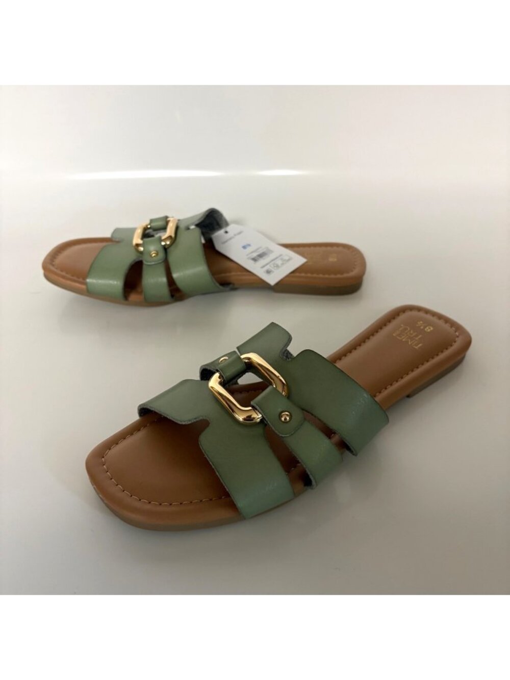 Time And Tru Sage Green Slide Sandals Womens Size 8.5 Gold Buckle Memory Foam